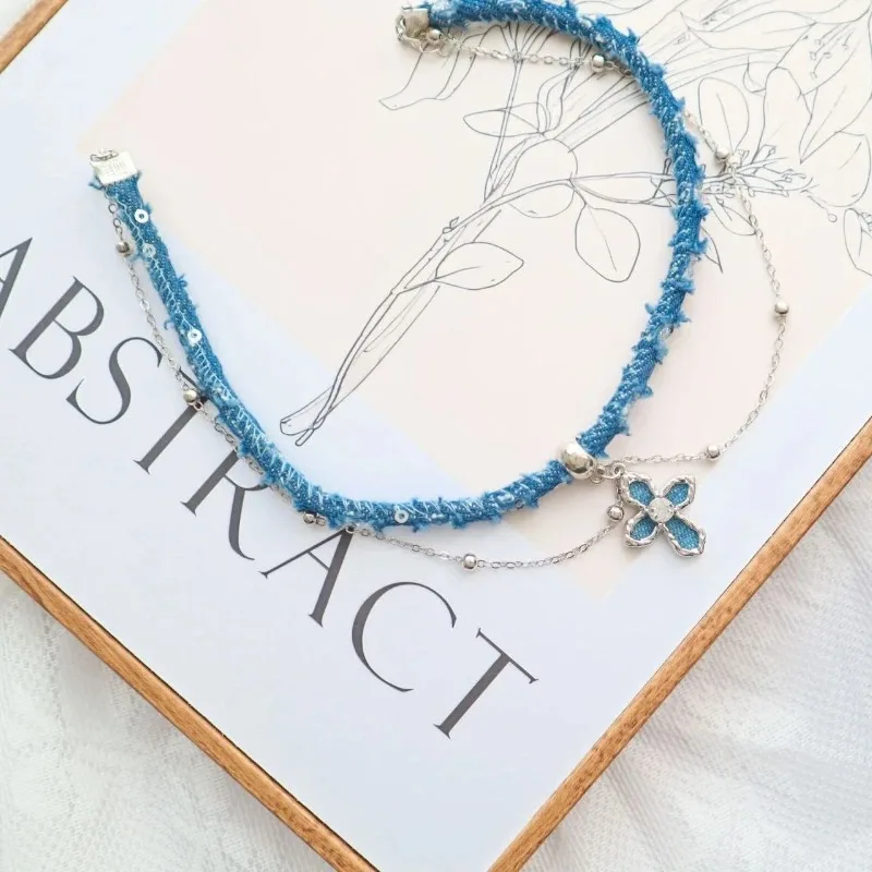 Vintage Denim Blue Cross Flower Bow Double Layered Pendant Necklace Women Chic Cowboy Clavicle Chain Party Jewelry