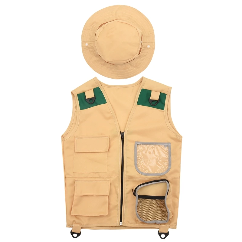 Outdoor Adventure Kit,Young Kid's Khaki Cargo Vest And Hat Comfortable And Durable Explorer Costume Role Play Toy
