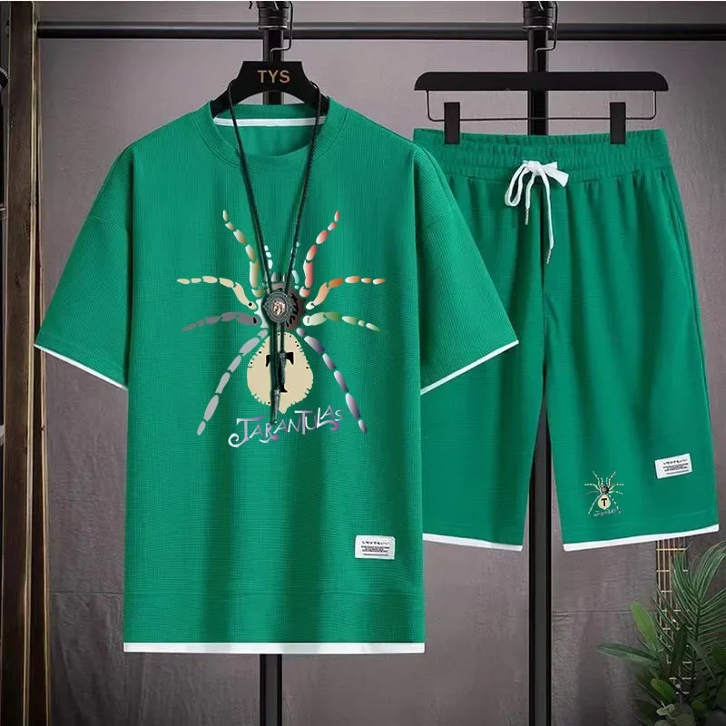 thumbnail image 1 of Conjunto deportivo informal de marca de moda de verano para hombre con pantalones cortos holgados de manga corta y cuello redondo, conjunto de dos piezas con diseño de gofre, conjunto de versión corea, 1 of 5