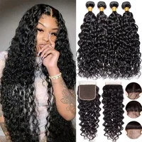 Malaysia Water Wave Bundles With Closure Wet and Wavy Curly Human Hair Bundles With Free Part Closure Remy Hair Weave Extensions