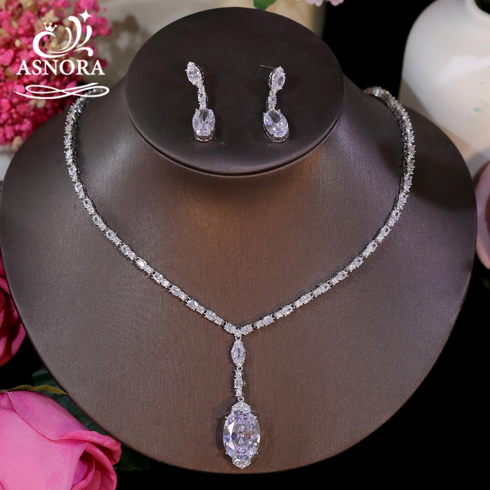 

ASNORA Brand Design Wedding Necklace For Women Bridal Jewelry Full Cubic Zirconia Big Water Drop 2PCS Sets Mujer Moda X0447