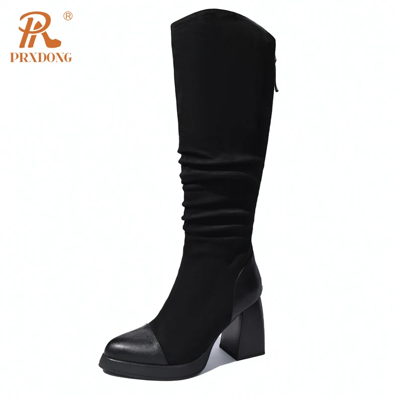

PRXDONG New Brand Quality Autumn WInter Warm Knee High Boots Square High Heels Platform Shoes Black Dress Party Long Boots 34-41