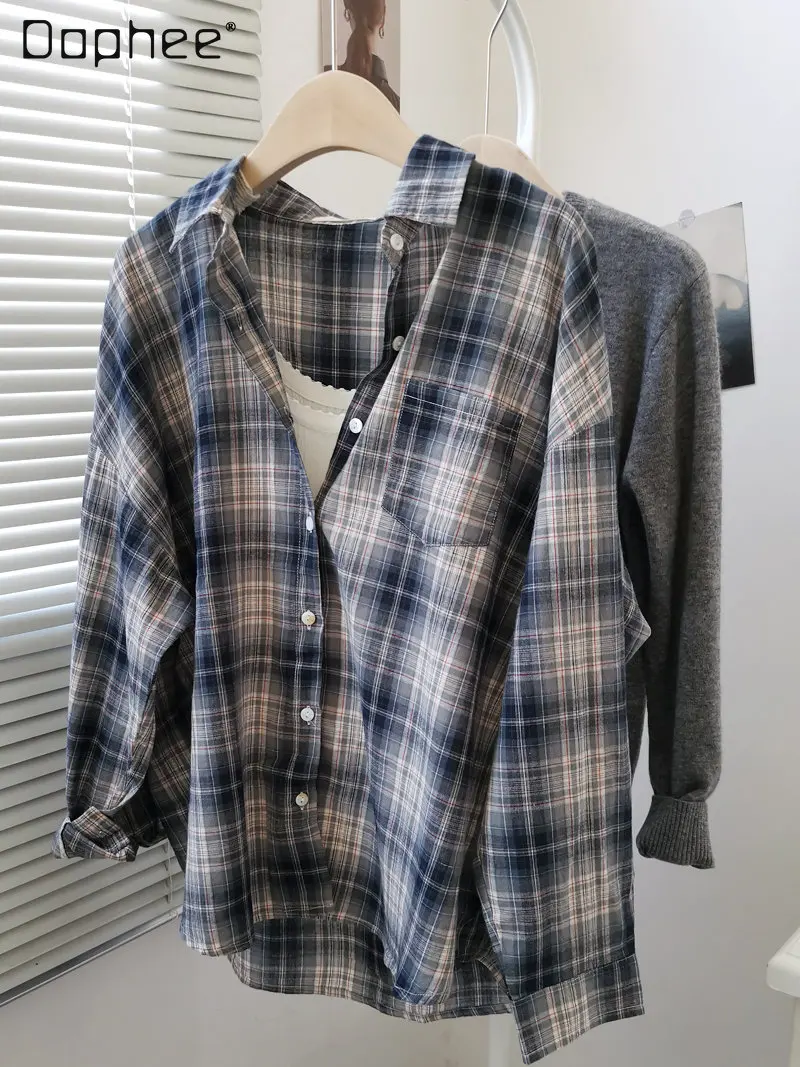 

Women's Retro Korean-Style Cotton Linen Plaid Sun-Proof Shirt College Style Casual Loose Long-Sleeved Shirt for Female Students