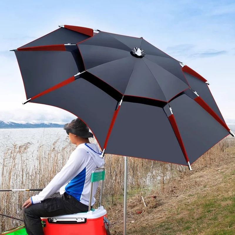 2.0-2.2M Fishing Umbrella Parasol Double-Layer Sunshade Windproof Waterproof Outdoor Camping Stand Umbrella with Ground Insert fold parasol