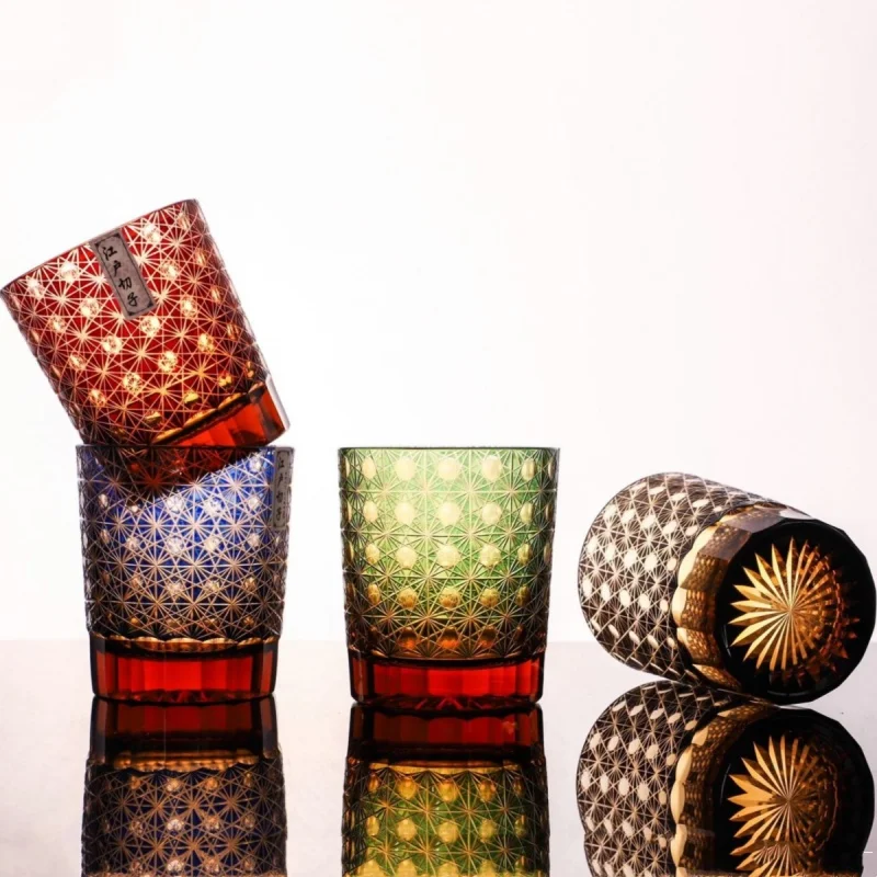 8.5 oz Classical Edo Kiriko Colored Crystal Whisky Tumbler Hand Cut To Clear Bar ware Glasses