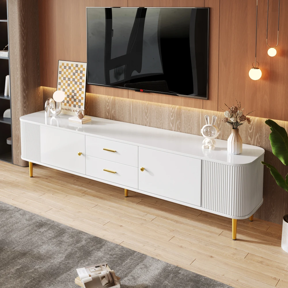 TV-Schrank mit Schubladen, gewellte Seiten, goldene Griffe und Beine für Wohnzimmer, gebogene Ecken, 170 cm Länge – Detail 8