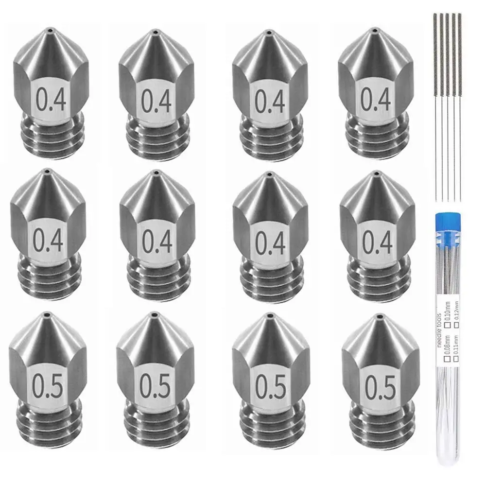 12Pcs 0.4 mm 0.5mm /1.75 mm Mk8 Nozzle 3D Printer Extruder Stainless Steel Nozzle for Makerbot Ender 3 CrealityCr-10 Ender 3 Pro