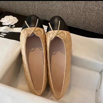 Women's Ballet Flat Shoes 2026 Spring New Round Toe French Elegance High-quality Leather Shoes Bow Comfortable Casual Shoes 1