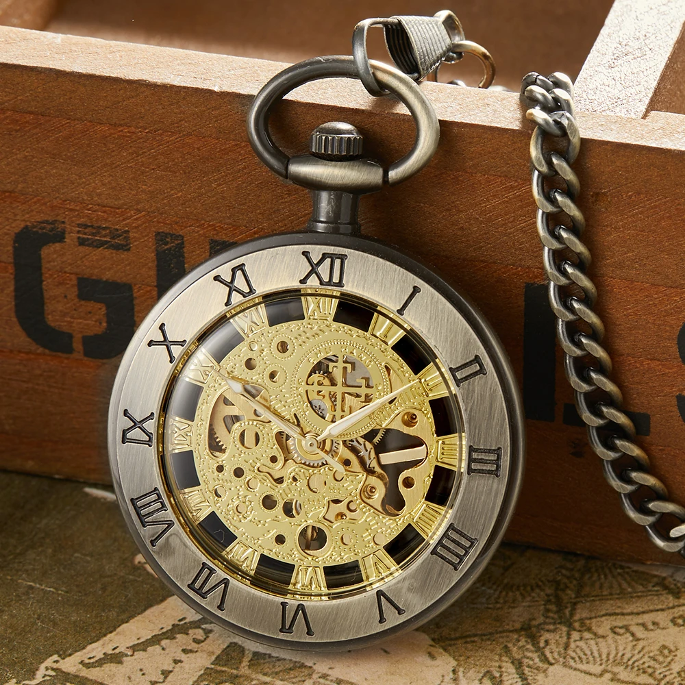 Vintage Bronze Mechanical Pocket Watch Simple Roman Dial Skeleton Steampunk Pendant Antique Clock reloj hombre Men Male Fob Box