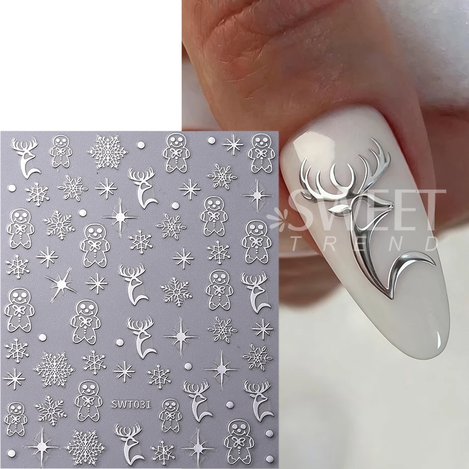 3pcs Christmas Nail Stickers Rose Gold Silver Snowflakes Reindeer Gingerbread Self-adhesive Decals Manicure Decoration Slider