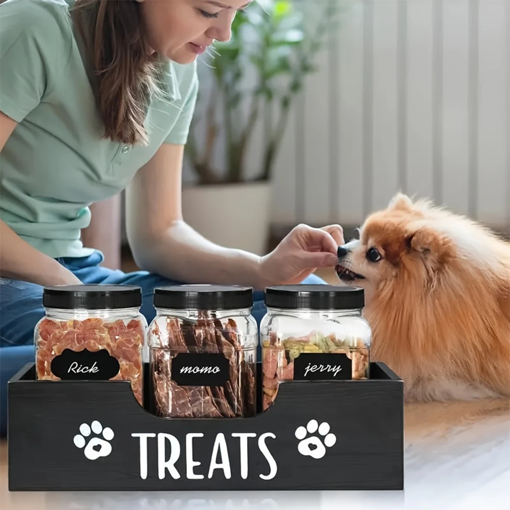 Wooden Pet Snack Storage Box with 3 Plastic Airtight Treat Jar Dog Cat Treat Container Dog Treat Bin Holder Pet Supply Organizer