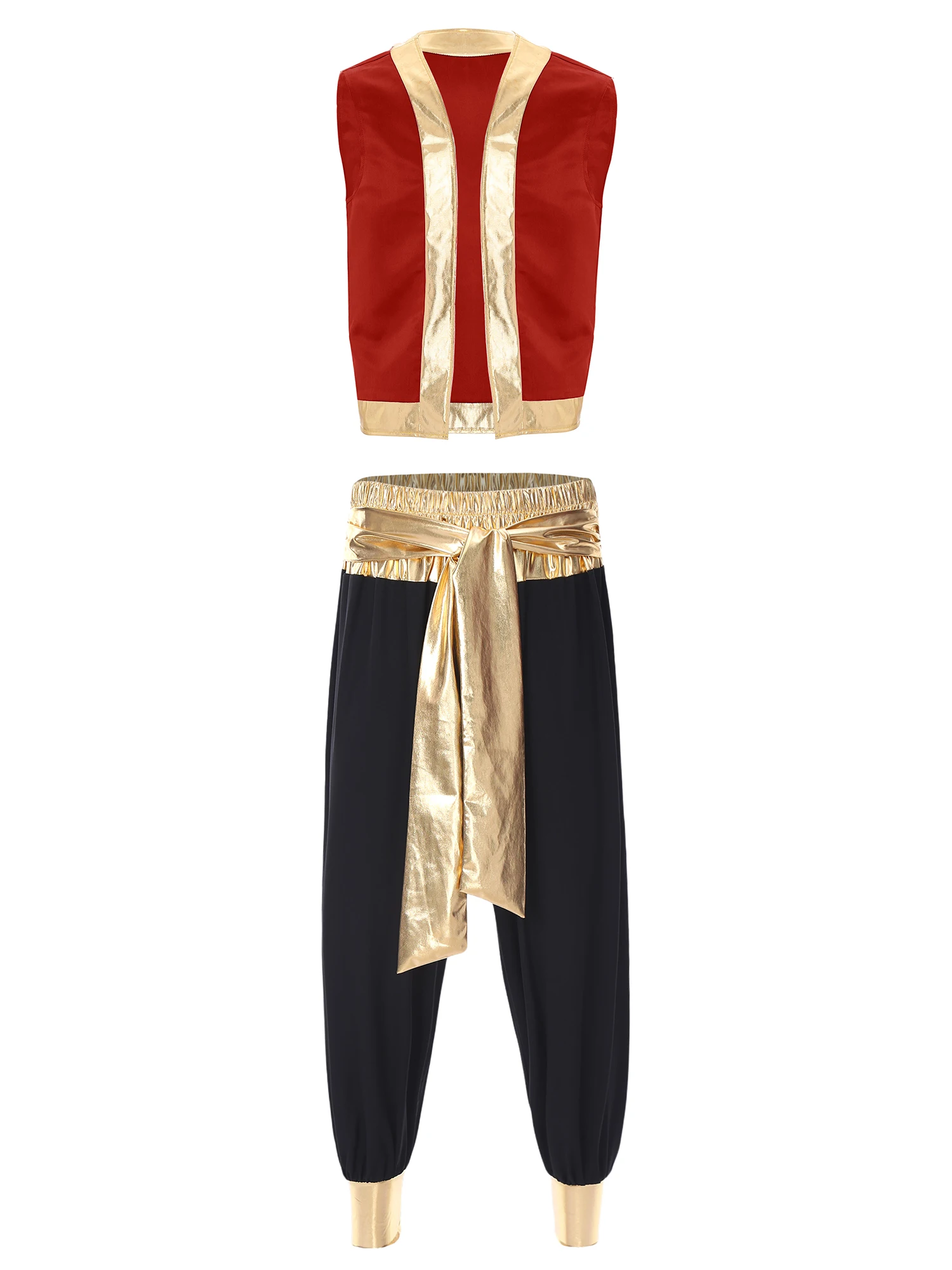 Costume da Principe Arabo per Uomo, Gilet Metallizzato Lucido con Bordo Decorativo e Pantaloni Lunghi, Set 2 Pezzi per Halloween e Feste in Maschera - immagine 2