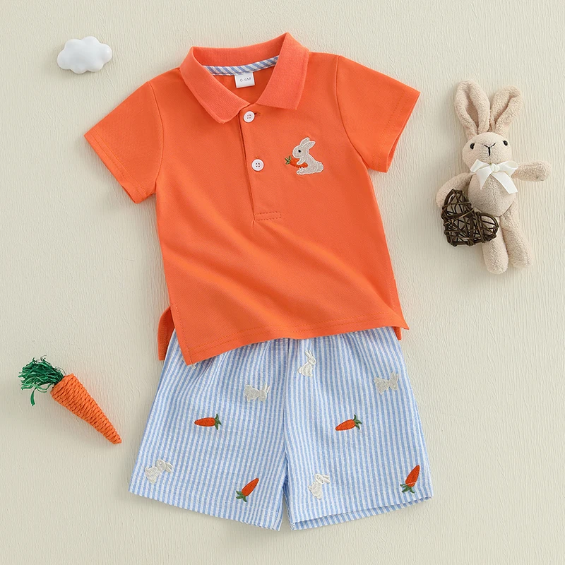 Adorable Baby Boys Easter Outfits with Bunny Embroidery on Short Sleeves T-Shirt and Elastic Carrot Stripe Shorts Set - 2 Piece 3