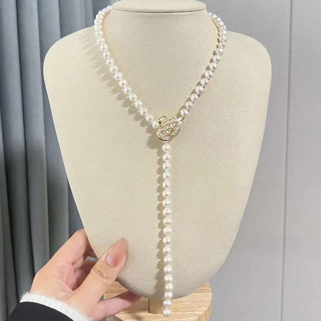 

55cm Swan Button Sweater Chain 7-8MM Natural Potato shaped Freshwater Pearl Necklace Zhuji Pearl Long Chain
