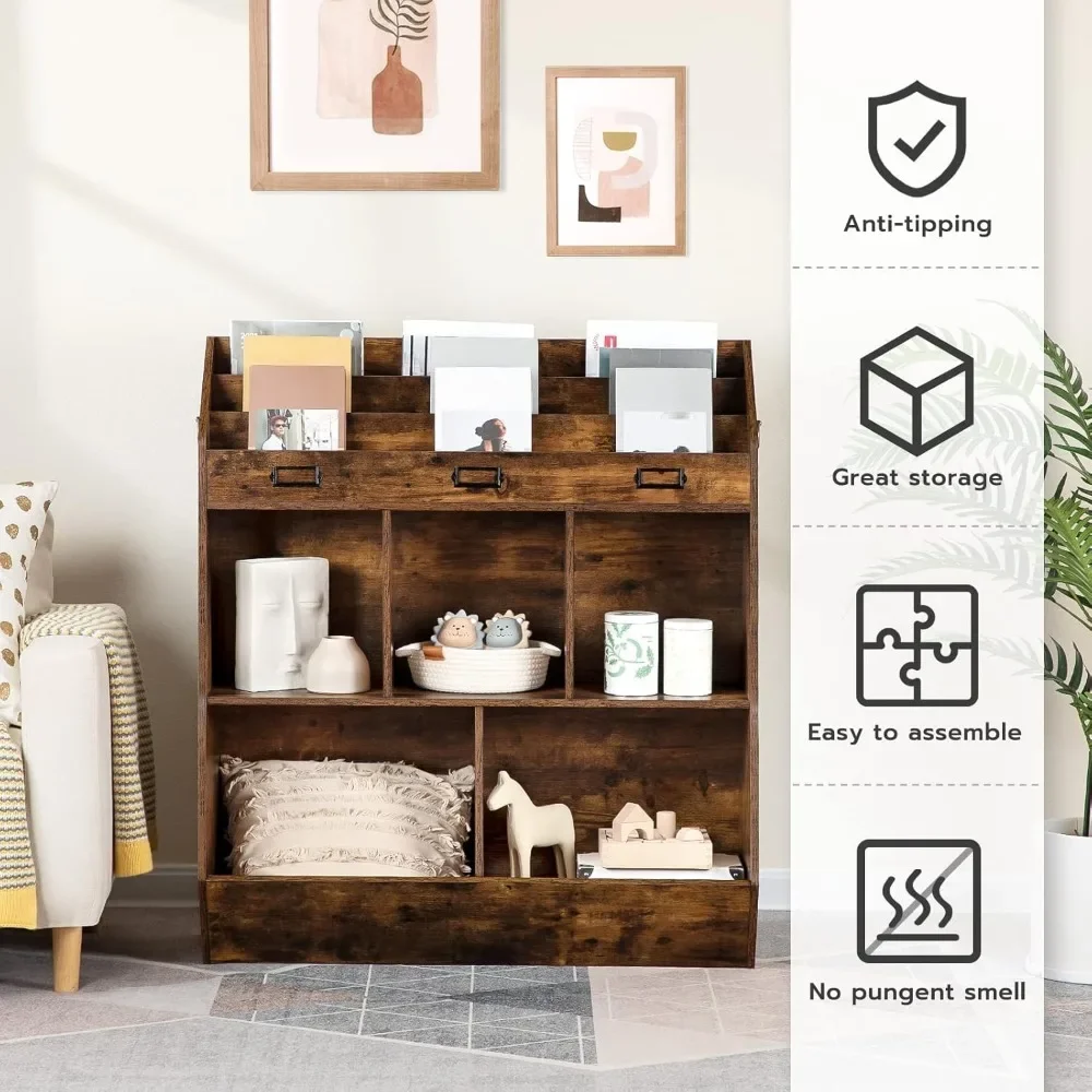 Kids Bookshelf, Toy Storage Organizer, Bookshelf for Kids, 5 Compartments and 3-Layer Shelves, Bookcase Footboard 5