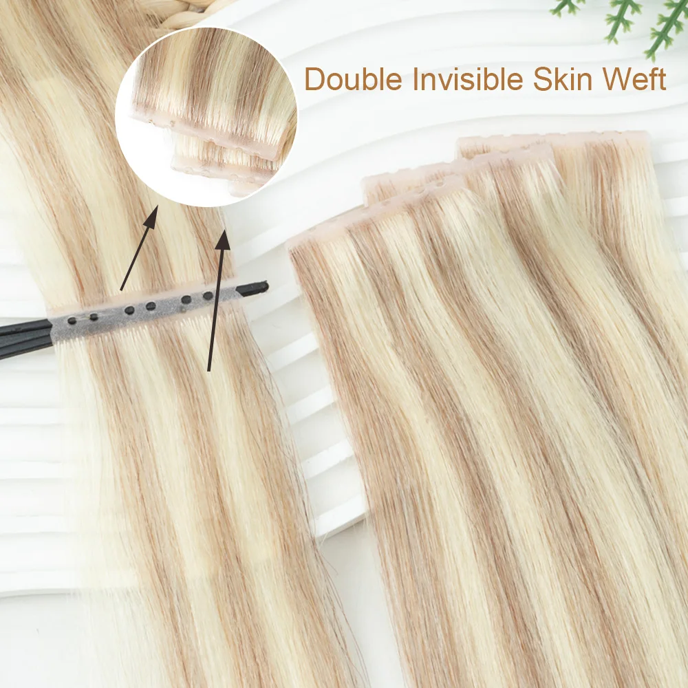 Invisible XO Weft Human Hair Extension Straight Inject PU Skin Twin Tab Weft Pull Through Micro Link Hair Blonde 10pcs/Pack