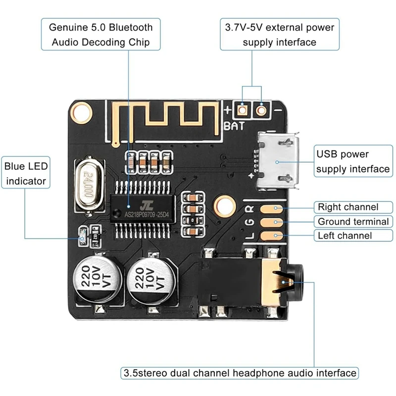 5Pcs Bluetooth Audio Receiver Board BT 5.0 Stereo Audio Amplifier 3.7-5V DIY Car Speaker Amplifier