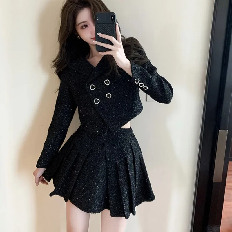 

New Autumn Winter Small Fragrant Tweed Skirt Suit For Women Double-Breasted Short Coat + Pleated Mini Skirts Sweet 2 Piece Set