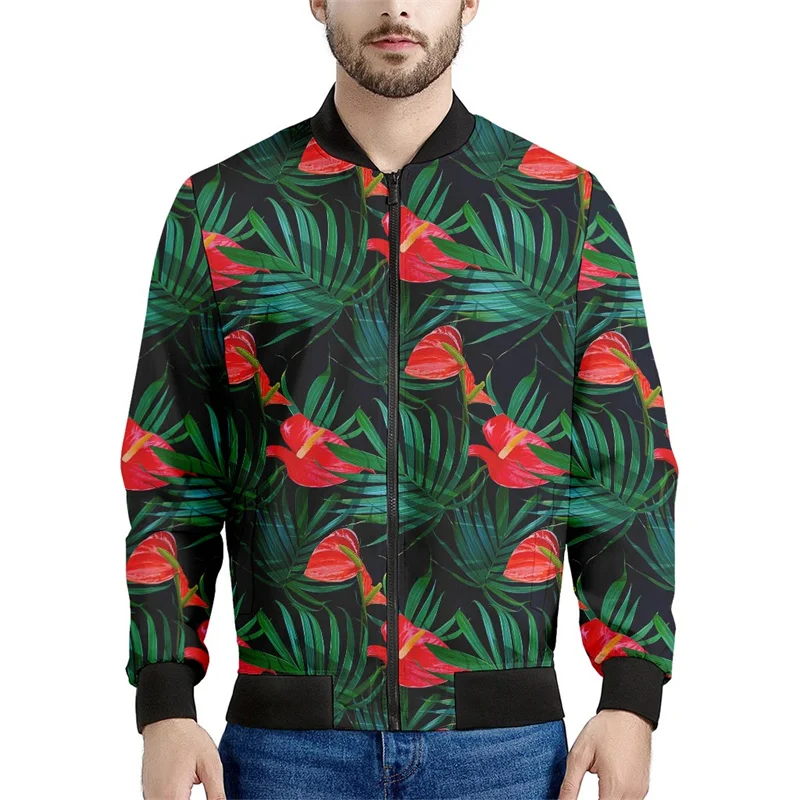 thumbnail image 1 of Nueva chaqueta con cremallera y estampado 3D de flores hawaianas para hombre, sudaderas estilo bombardero con estampado de plantas tropicales, abrigos de manga larga de gran tamaño, 1 of 5
