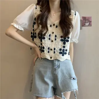 Women Crochet Knit Top with Chiffon Half Sleeve V-Neck Button Down Embroidery Floral Blouse Cardigan Spring Summer Boho Festival