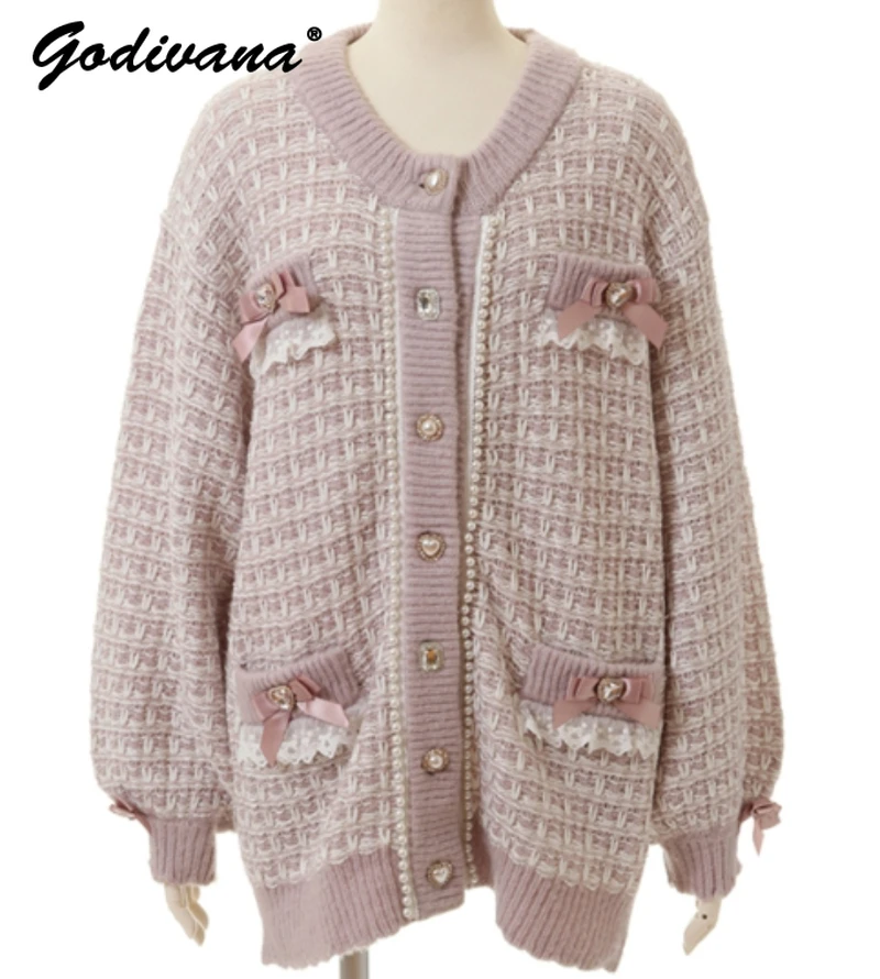 

Japanese Lolita Drill Buckle Knitted Sweater Coat Women Round Neck Long Sleeve Sweet Bow Plaid Sweater Top Fall Winter Clothes