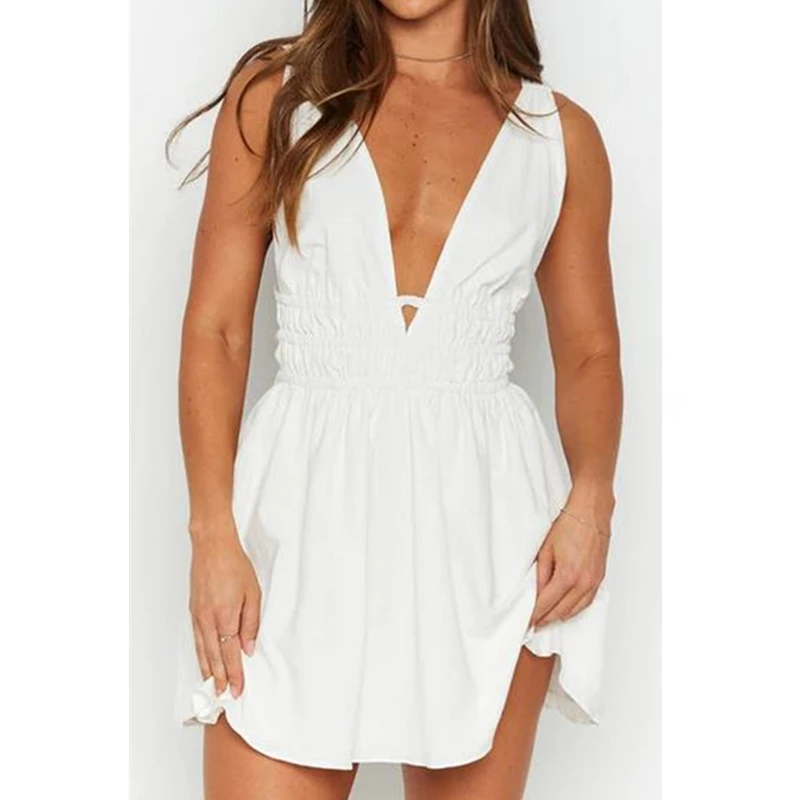 Floral Dress Summer Women Deep V Neck Low Cut Sleeveless A Line Mini Dress y2k Sundress Casual Beach Party Clubwear