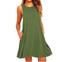 Women's Dress Summer Casual T Shirt Dresses Beach Cover up Plain Pleated Tank Pockets Dress - Image 3