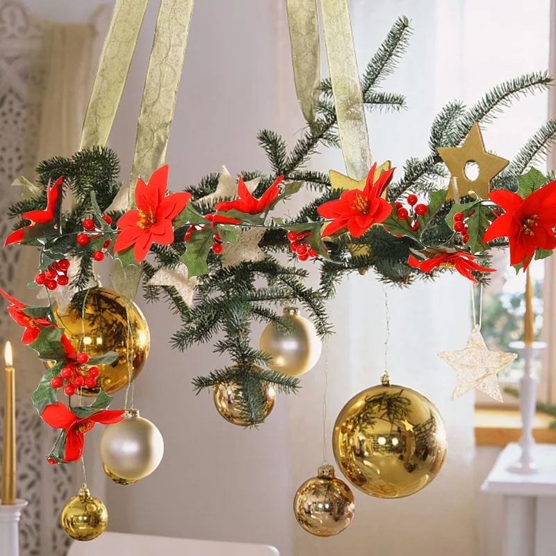 DUDNJC Guirlande De Poinsettia Artificielles En Soie à Suspendre Avec Feuilles De Houx Dorées, Guirlande D'hiver Flexible Pour Noël, Cheminée