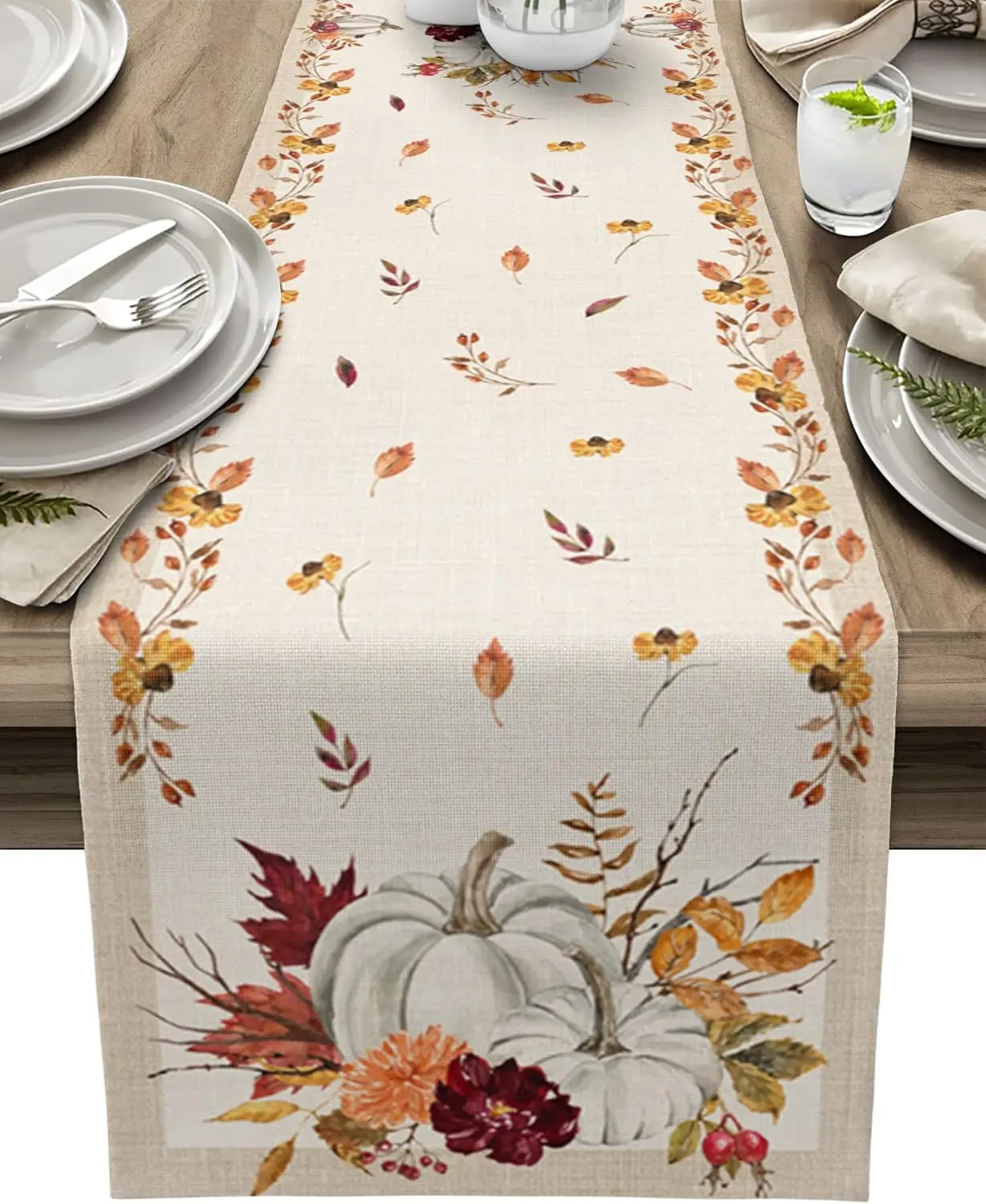 Fall Thanksgiving Pumpkin Linen Table Runner Dresser Scarves Decor Farmhouse Kitchen Table Runner Thanksgiving Decorations 1
