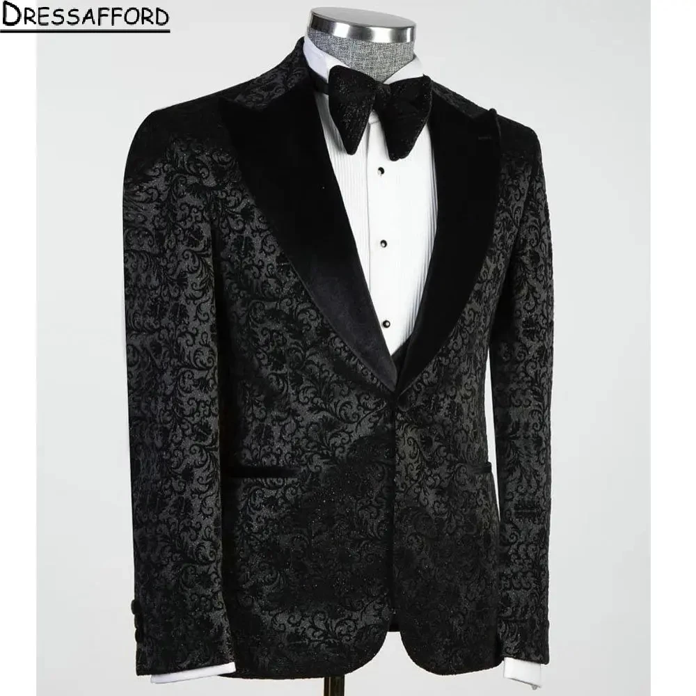 

Black Sanding Jacquard Weave Men Suits Jacquard Weave Three Pieces Groom Wear ( Jacket + Vest + Pants )