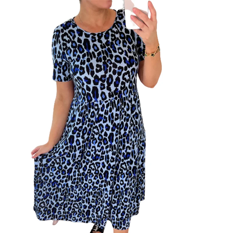 

Fashion Leopard Print Pleated Splice Hem Dresses Women Round Neck Pullover Dressy Female Comfortable Commuter Short Sleeve Gown