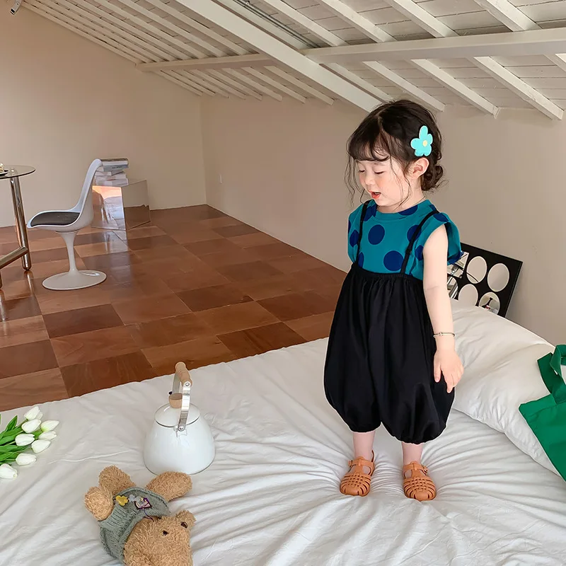 2025 Summer New Korean Baby Girls Solid Versatile Suspender Pants Children Loose Casual Overalls Kids Toddler Lantern Trousers