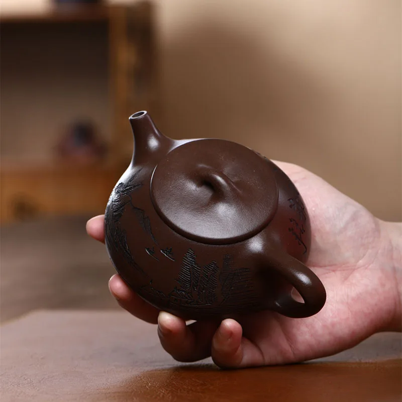 Chinese Style Stone ladle shape Teapot, Old Purple Mud, Kung Fu Household Indoor, Pure Handmade, 220cc, Tea Pots, 1Pc