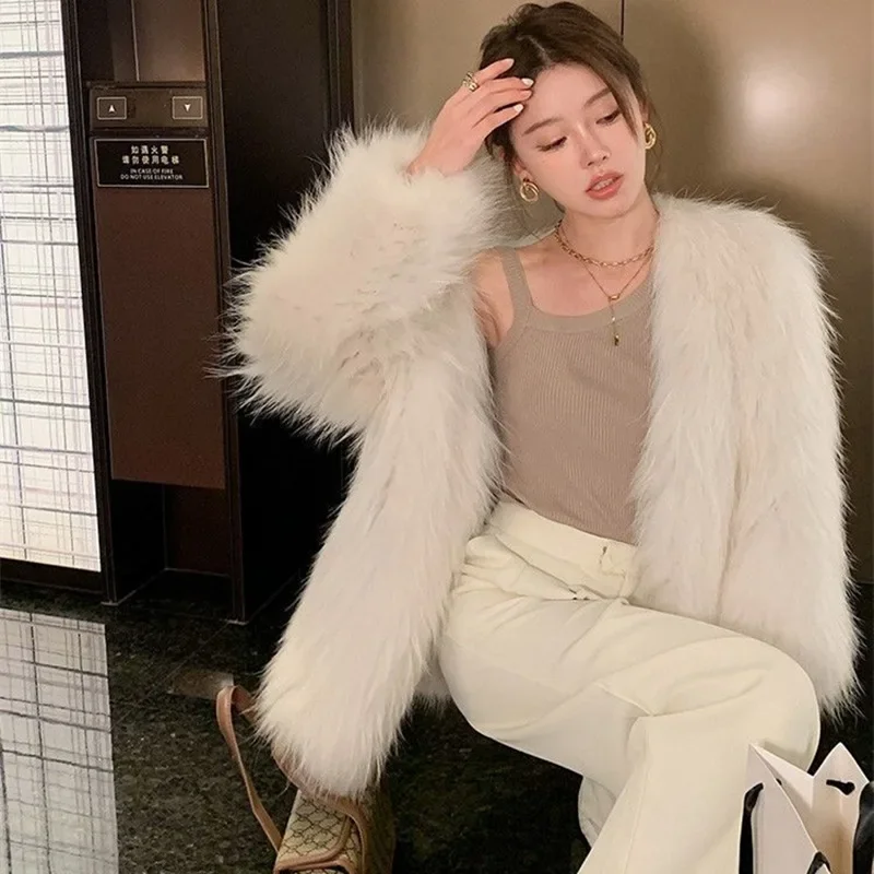 Fashion Solid Color Round Neck Long Sleeve Women's Fake Fur Coat Autumn Winter Imitation Fox Fur Temperament Mid-Length Coat