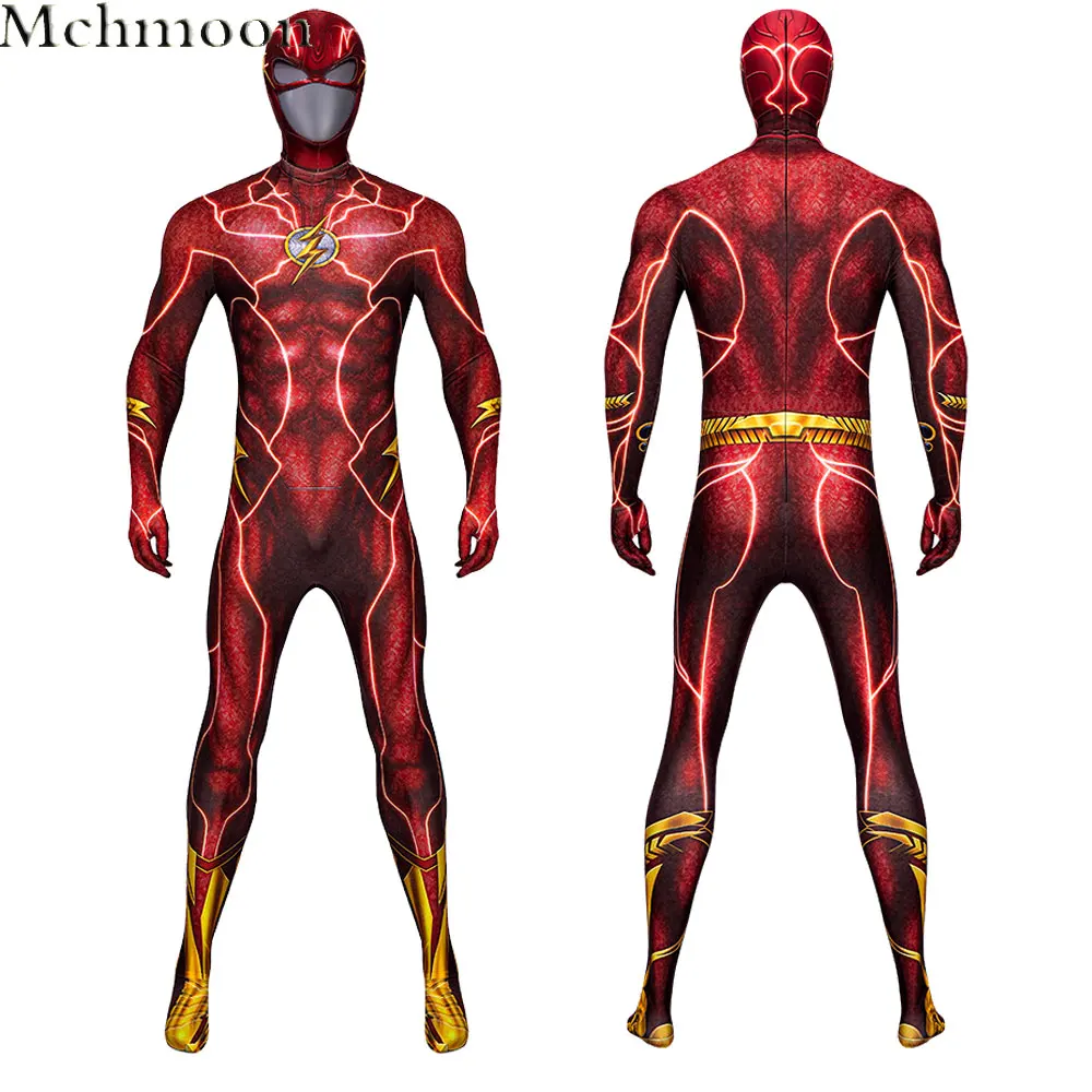 

Red Flash Barry Allen Cosplay Costume 3D Printing Flash Cosplay Point Costume Red Zentai Jumpsuit With Headgea For Adult Men