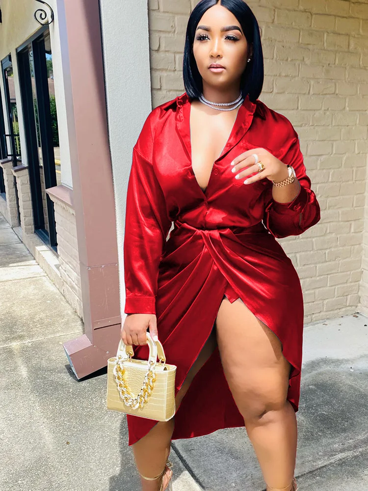 

Sexy High Split Satin Shirt Midi Dress Women Elastic Drap Party Night Birthday Dress Long Sleeve Single Breasted Irregular Dress