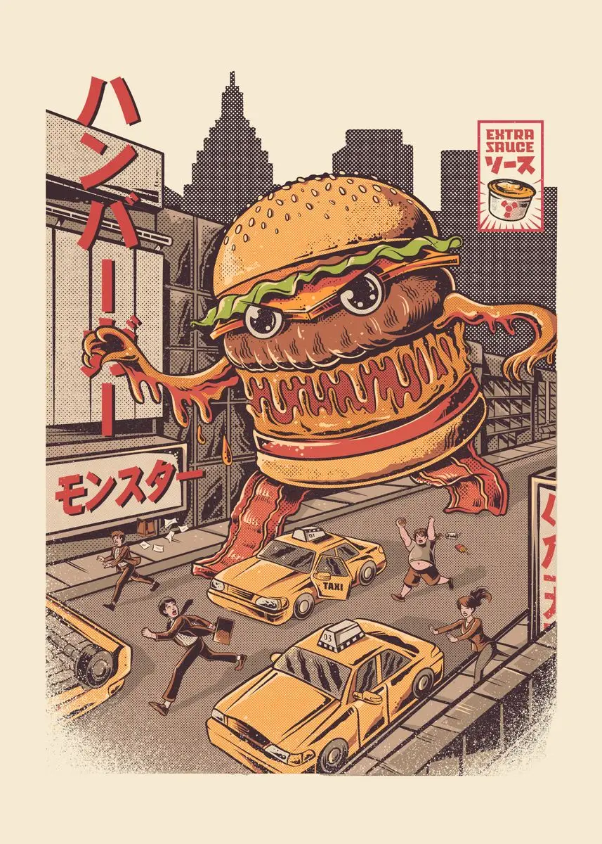 Vintage Japanese Kaijus Food Art Canvas: Sushi, Ramen, and Burgerzilla Poster