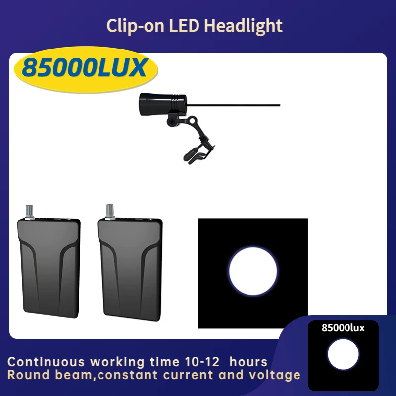 

Two Batteries 85000LUX Dental LED Clip-on Headlight Surgical Headlamp Round Beam Continuous Working Time 10-12 Hours JC-08P-C