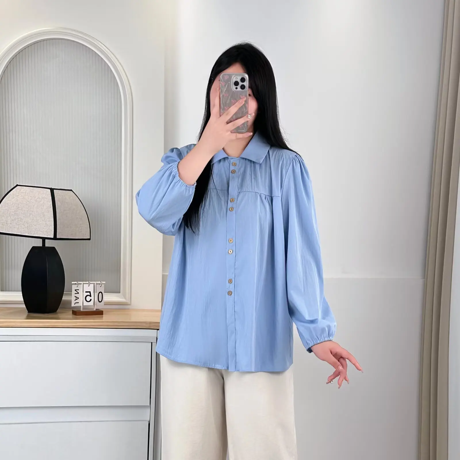 Plus Size Women's Blouses 2025 Autumn Casual double-button Puff Sleeved Peter Pan Collar Shirt 663