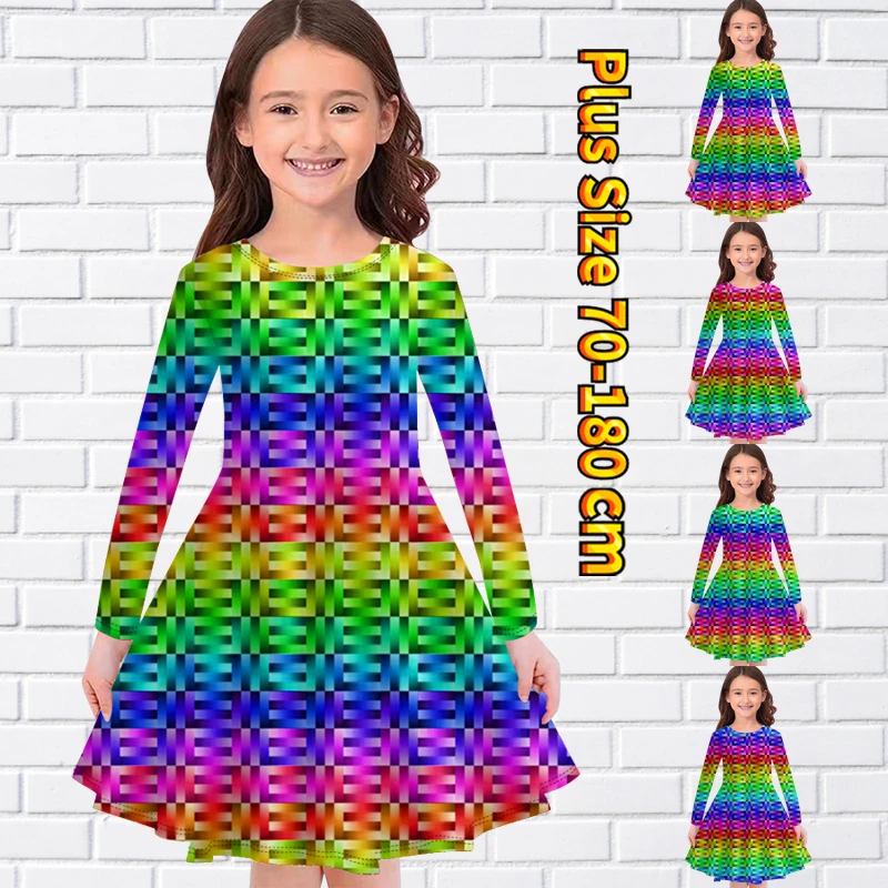 

Autumn Little Girl Lovely Multi Color Printing Long Sleeve Skirt Winter Daily Street Round Neck Knee-length Skirt Princess Skirt