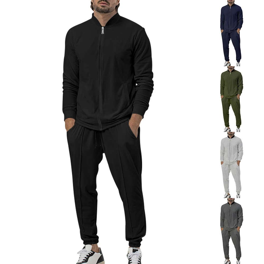 

Men Activewear Solid Color Long Sleeve Zip-up Jacket Trousers Streetwear 2Pcs/set Sports Casual Zip-up Coat