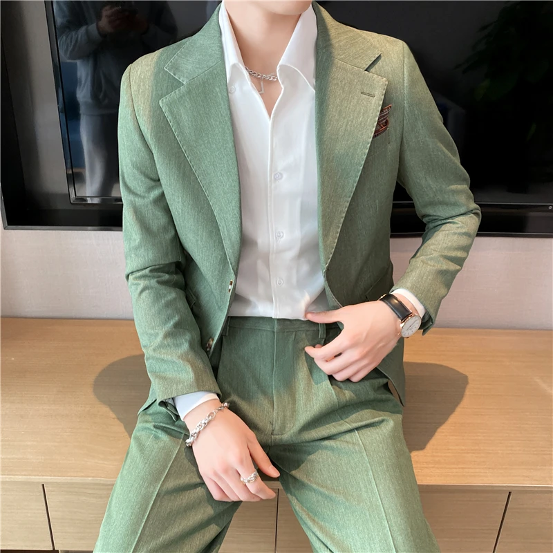 

Jacket + Pants Senior Sense Pure Color Slim Business Formal Social Suits Spring Male Simple Blazers Pants British Groom's Dress