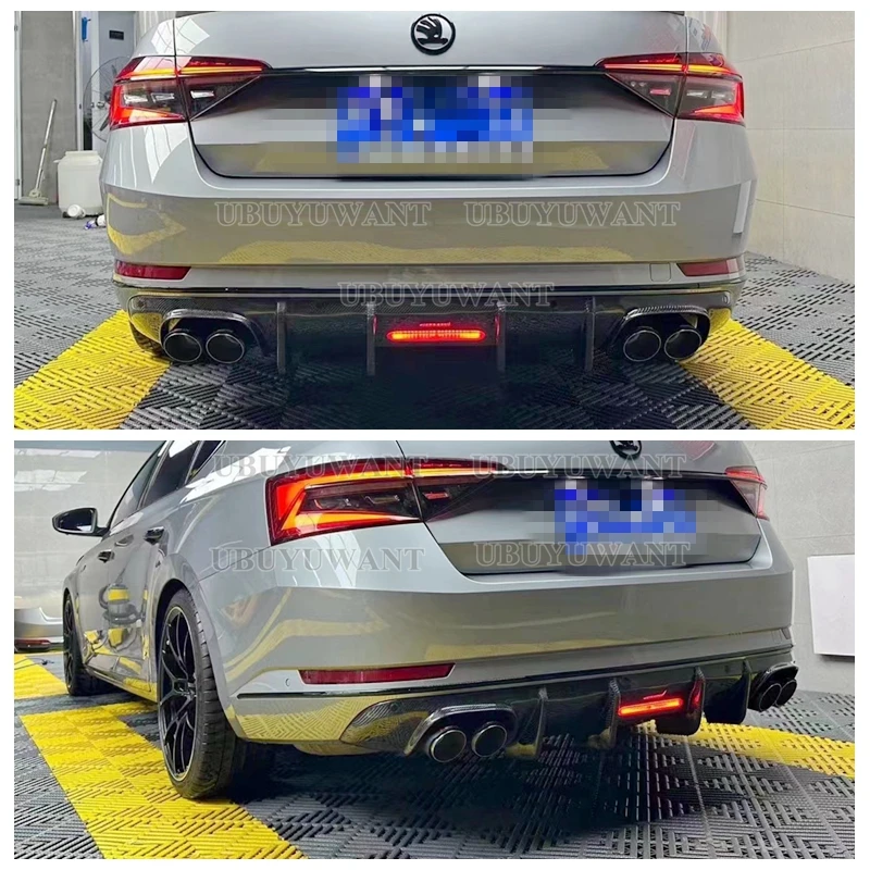 Фото Задняя губа из углеродного волокна с искусственными элементами для Skoda Superb 2015- 2023 ласты Акула стильный диффузор бампер ГУАР №4