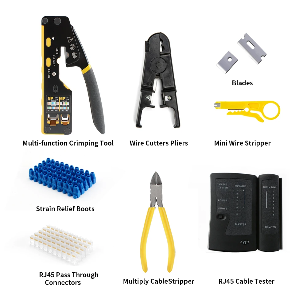 Cat6 패스스루 RJ45 크림프 툴 키트 네트워크 크림퍼, 케이블 테스터, 커터 블레이드, 50개 커넥터 및 스트레인 릴리프 부츠 포함