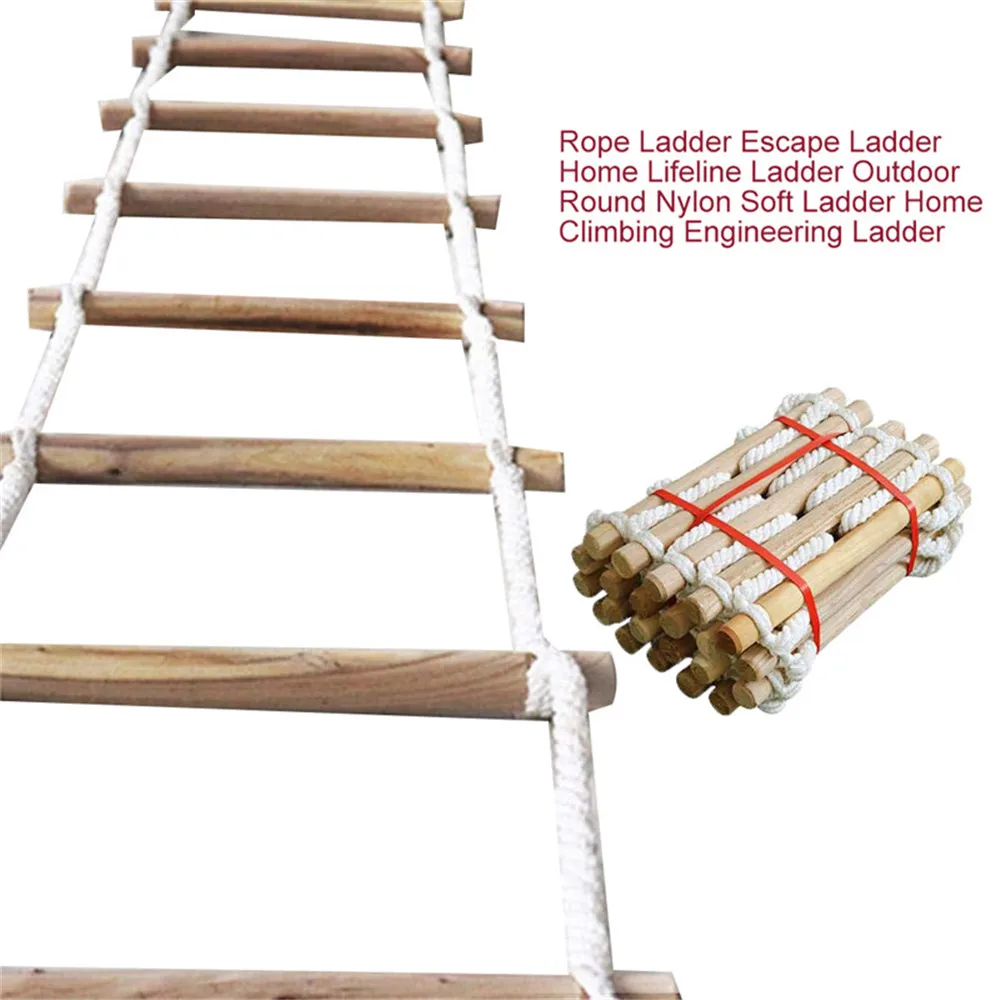 Wooden Rope Ladder Home Lifeline Outdoor Round Soft Steps Escape Ladder Fire Rescue Home Climbing Rungs 3M 5m