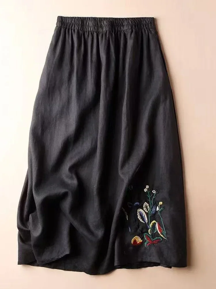 Cotton Linen Skirt for Women 2025 Summer New Embroidery Black