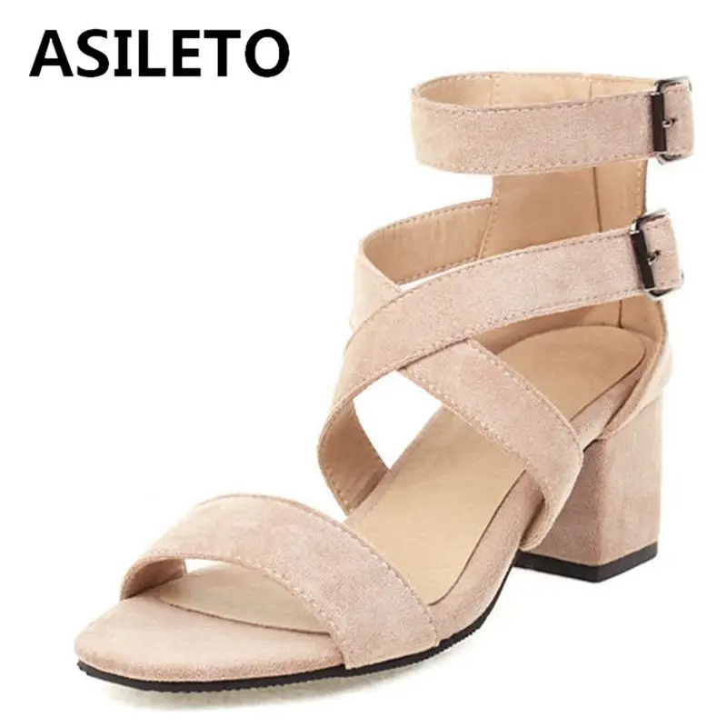 

ASILETO 2022 Women Shoes Sandals Peep Toe Block Heels Buckle Strap Flock Plus Size 34-48 Solid Black Red Summer Concise S3609