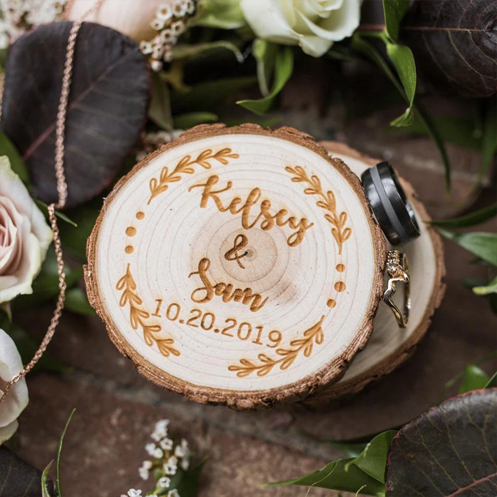 

Personalized Wooden Wedding Ring Box Custom Engagement Ring Holder for Double Rings Proposal Ceremony Rustic Decoration Ring Box