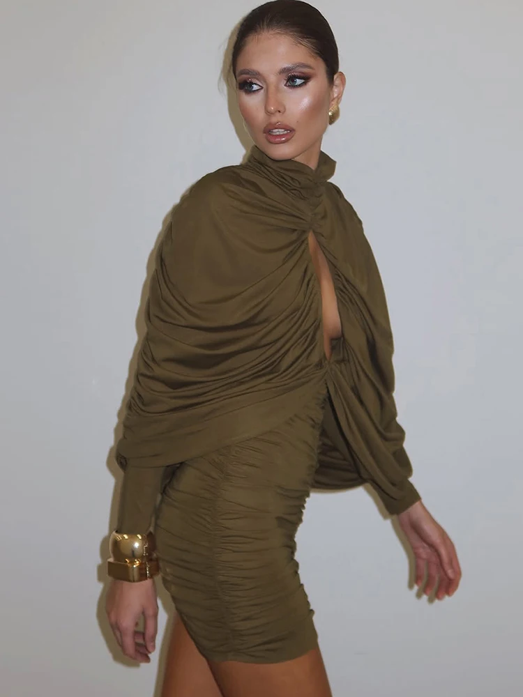 Nibber Peach Hip Stretch Dress Women Turtleneck Ruched Hollow Classic Full Batwing Sleeve Skinny Trend Party Sexy Bodycon