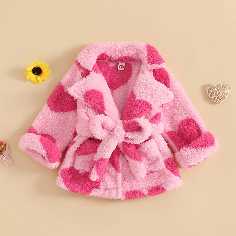 Valentine s Day Toddler Girls Heart Print Fleece Bathrobe with Tie Waist and Long Sleeves-Cozy Kimono Robe for Loungewear and